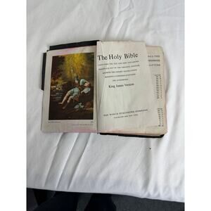 Vintage faux leather King James Bible illustrated edition circa Mid Century